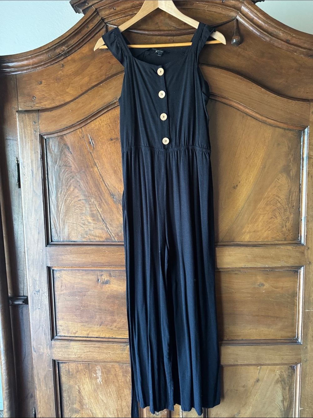 Black Linen Button-Front Wide-Leg Jumpsuit